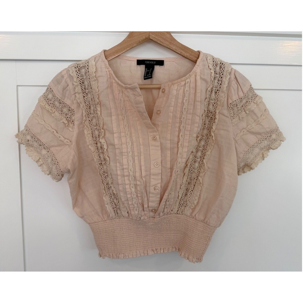 Forever 21 Pink Crochet Lace Smocked Waist Blouse Romantic Coquette Top Small